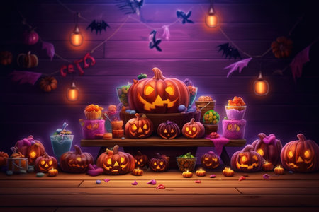 Colorful funny table for Halloween celebrations. 3D illustration generated by AIの素材