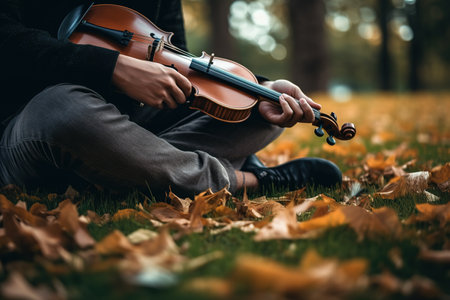Musician holding Violin sitting on park grass. Generative AIの素材