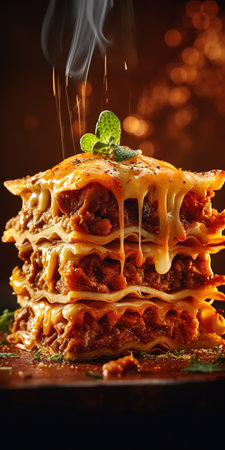 Delicious yummy lasagna piece. Close up vertical shot. Generative AIの素材