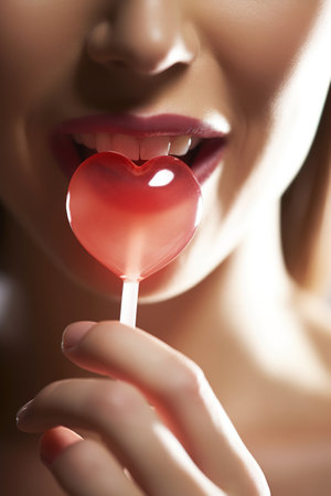 Close up shot to woman lips eating lollipop. Generative AI vertical shotの素材