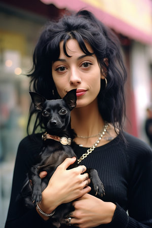 Young brunette woman street photo holding her little black chihuahua dog. Generative AI vertical shotの素材