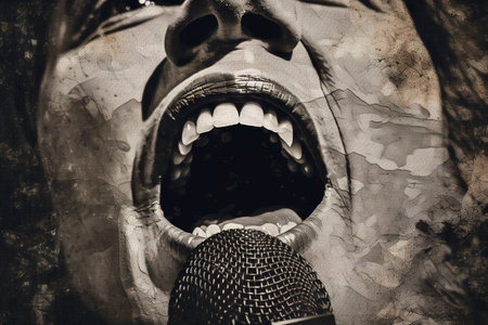 Black and white illustration of close up to man head singing with microphone. Generative AIの素材