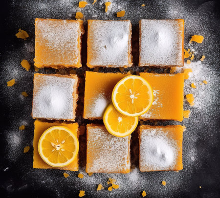 Table top view of orange bars square over dark background. Generative AIの素材