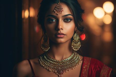 Attractive young Indian woman wearing traditional jewelry. Headshot portrait. Generative AIの素材