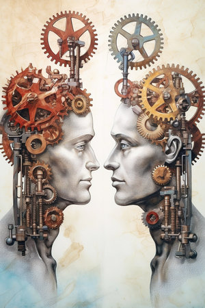 Abstract illustration of two heads with gear heads connected to each other. Generative AI vertical illustrationの素材
