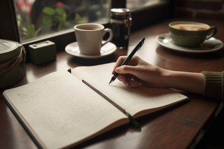 Close up shot of female hand writing her notebook. Generative AIの素材