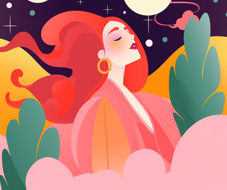Colorful minimal illustration of woman showing femininity and magic. Generative AIの素材