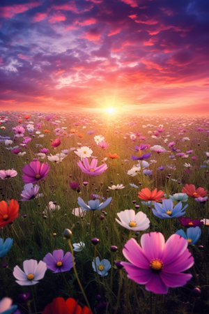 Magic sunset with flowers field with spring blossoms. Generative AIの素材