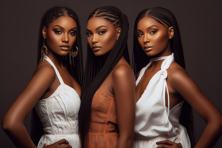 Three young beautiful young women models posing over dark background studio shot. Generative AIの素材