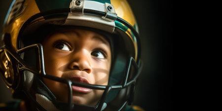 African American little boy wearing American football helmet. Head shot portrait over dark background with copy space. Generative AIの素材