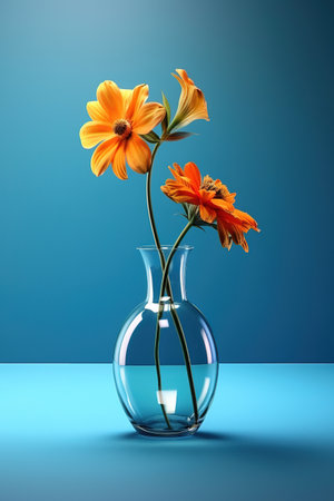 Glass vase with orange flowers over blue background. Generative AIの素材