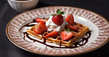 Delicious waffle served with shipped cream and strawberries and chocolate sauce. Close up shot. Generative AIの素材