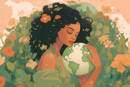Illustration of girl holding globe.Environmental concept.Generative AIの素材