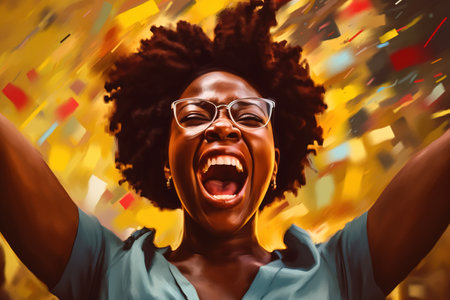 Illustration of African American woman celebrating. Generative AIの素材