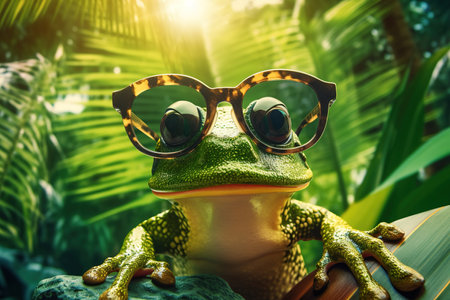 Adorable frog wearing sunglasses with jungle as background. Generative AIの素材