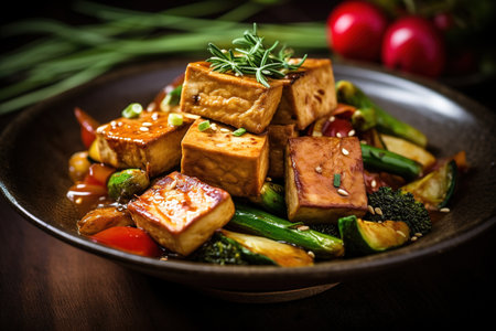 Delicious marinated tofu served with stir fry vegetables. Generative AIの素材