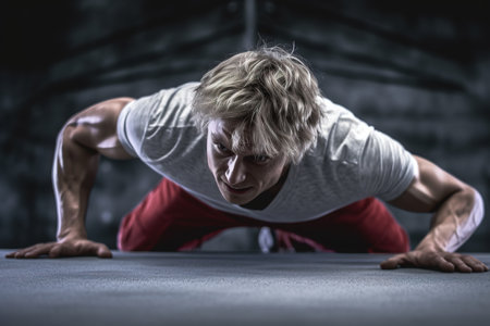Fitness man practicing push ups on the floor. Generative AIの素材