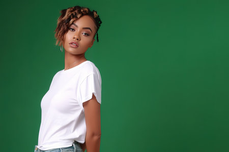 Young beautiful woman posing with wearing plain white t-shirt over green background with copy space. Generative AIの素材