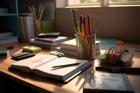 Study desk close up shot. Back to school concept. Generative AIの素材