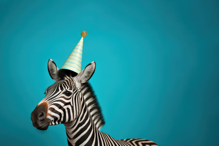 Funny zebra with party hat over blue background. Generative AIの素材