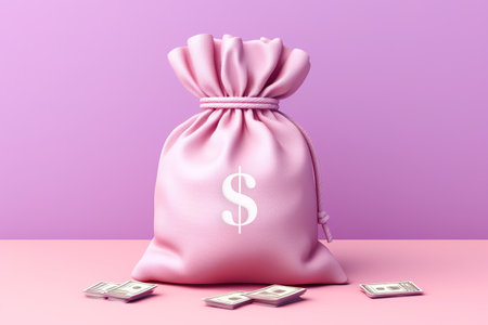 Money bag with dollar sign on it. Pink background. Generative AIの素材