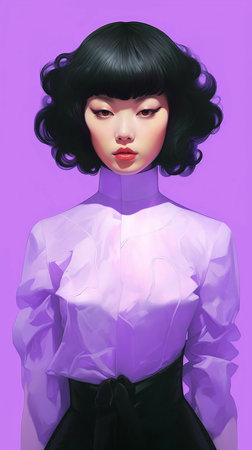 Illustration of attractive young Japanese woman with stylish outfit and hairstyle. Pink background. Generative AI vertical illustrationの素材