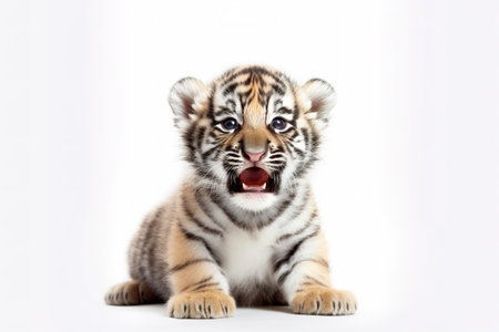Adorable baby tiger over white background. Generative AIの素材