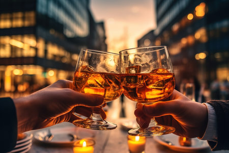 Close up shot of male hand toasting with drinks with big city lights as background. Generative AIの素材