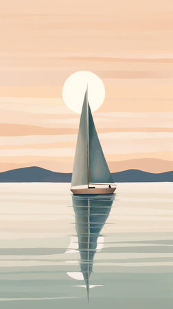 Minimal illustration of sailboat in the ocean. Generative AIの素材