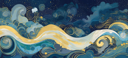 Abstract background with wavy design on blue and golden colors. Digital paint illustration. Generative AIの素材
