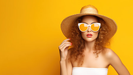Beautiful woman ready for summer over yellow background. Generative AIの素材