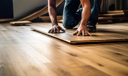 Close up shot of worker replacing wooden floor. Generative AIの素材