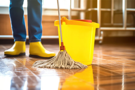 Person cleaning floor with mop. Close up to the feet. Generative AIの素材