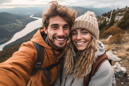Selfie of young happy couple hiking in the mountain. Generative AIの素材