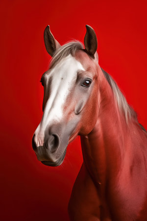 Beautiful horse head shot portrait over red background studio shot. Generative Ai vertical illustrationの素材