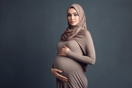 Muslim woman pregnant in studio shot background with copy space. Generative AIの素材