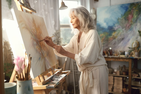 Senior woman artist painting on easel in art studio. Generative AIの素材