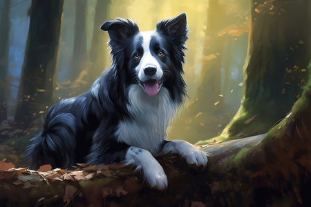 Realistic illustration of border collie dog in the forest. Generative AIの素材