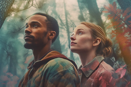 Multiracial couple exploring woods, head shot. Generative AIの素材