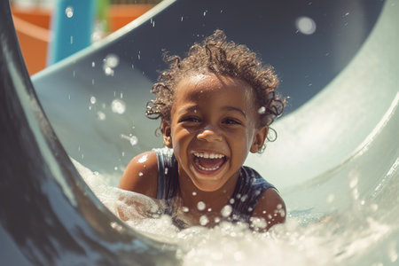 Smiling little African American girl enjoying slider in waterpark. Generative AIの素材