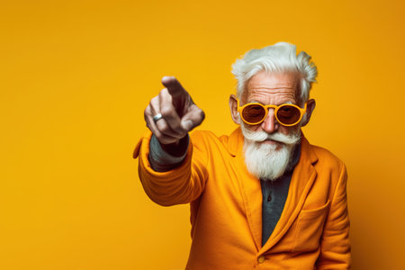 Cool old man pointing at empty space, yellow background. Generative AIの素材