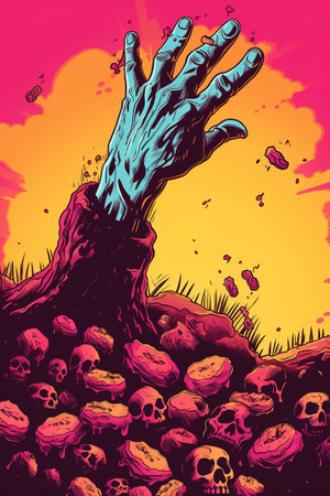 Cartoon illustration of zombie hand coming out grave. Generative AIの素材