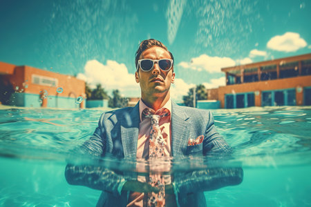 Businessman enjoying summer in the swimming pool. Generative AIの素材
