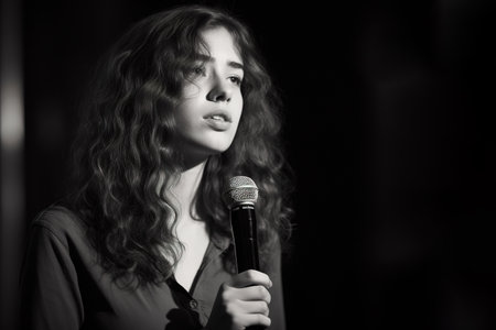 Young singer girl in black and white photography. Generative AIの素材
