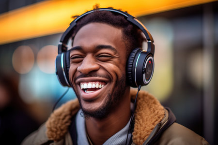 Cheerful young African American man with headphones. Generative AIの素材