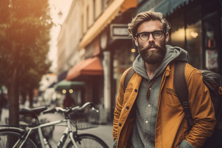 Hipster man walking in the street with copy space. Generative AIの素材