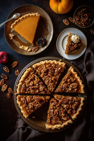 Table top view of thanksgiving nuts pie. Generative AIの素材