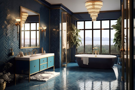 Luxury bathroom interior design in blue and gold tones. Generative AIの素材