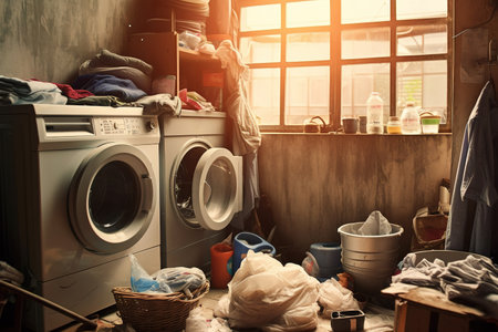Dirty laundry room, messy clothes and washing machines. Generative AIの素材