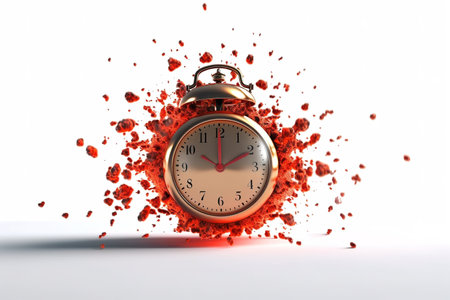 Clock with splash of red paint on white background. Generative AIの素材